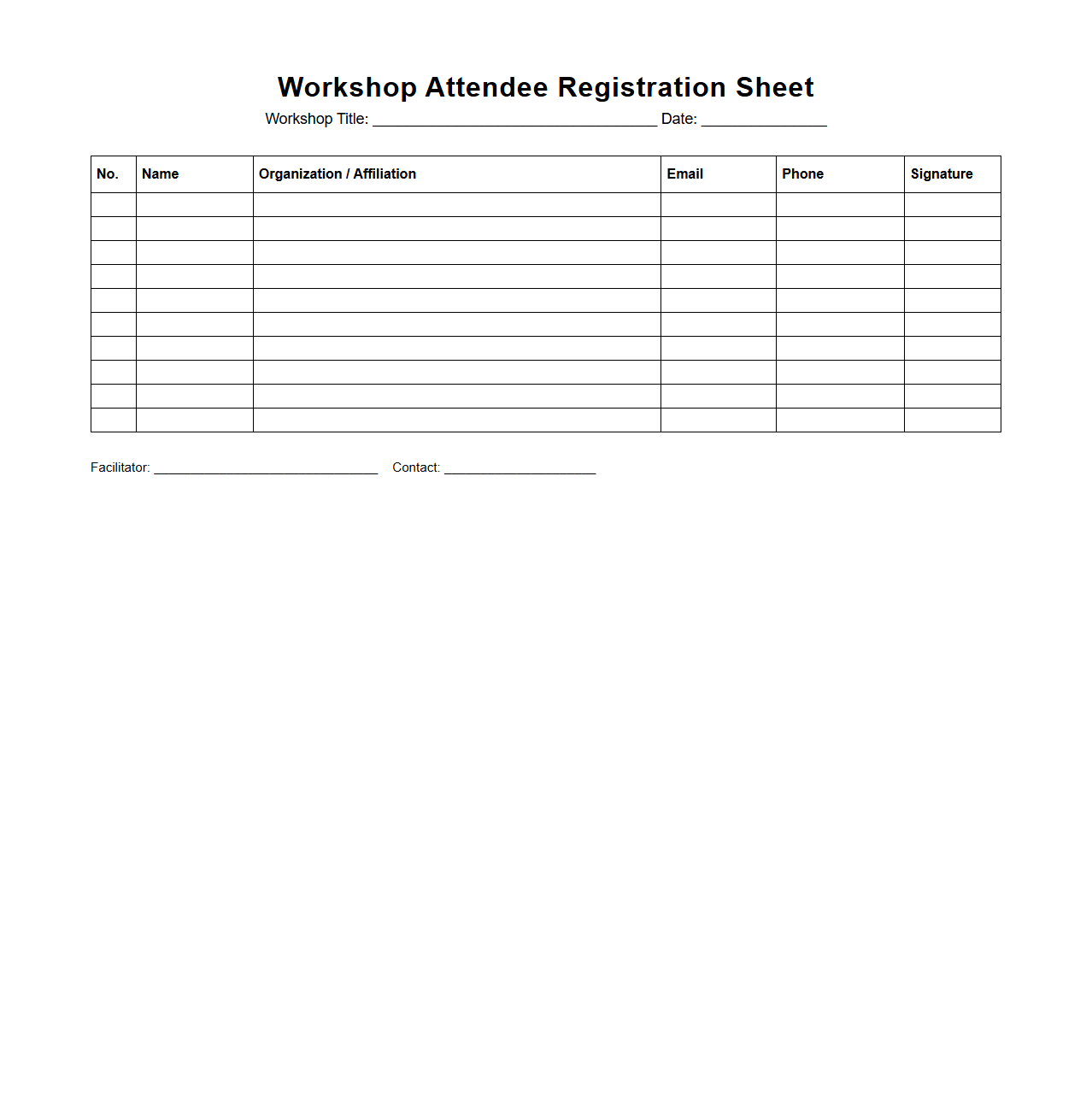 Workshop Attendee Registration Sheet Example