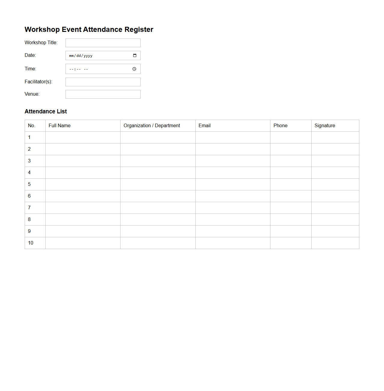 Workshop Event Attendance Register
