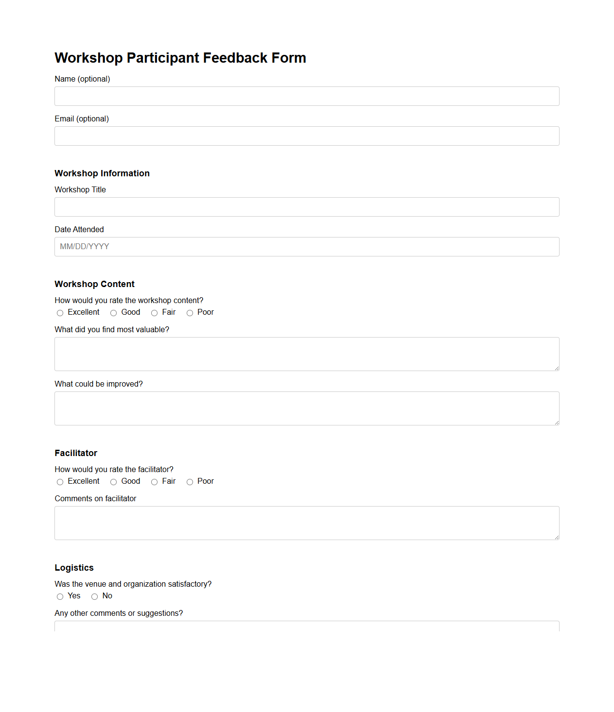 Workshop Participant Feedback Form Template