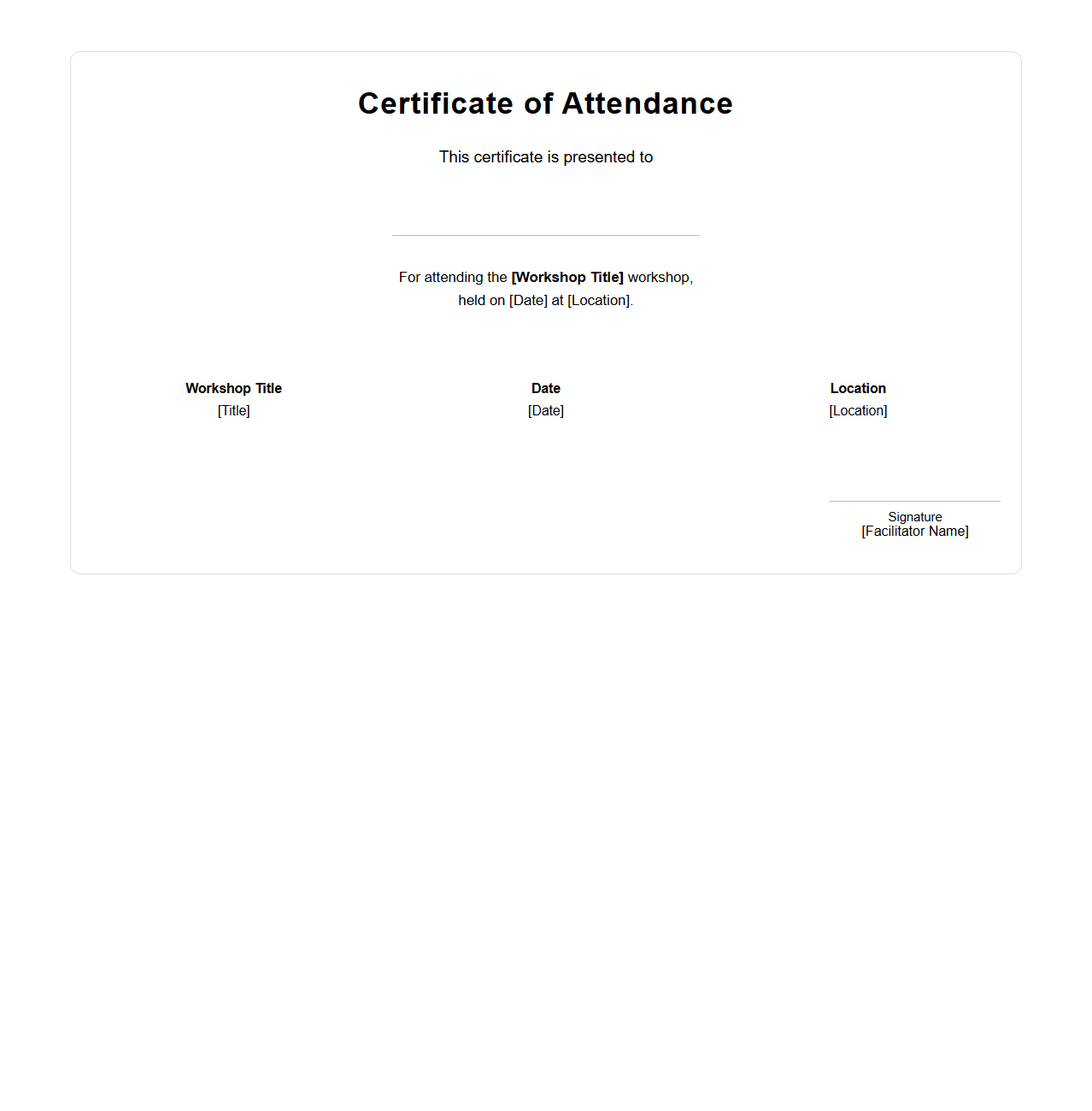 Workshop Presence Certificate Template