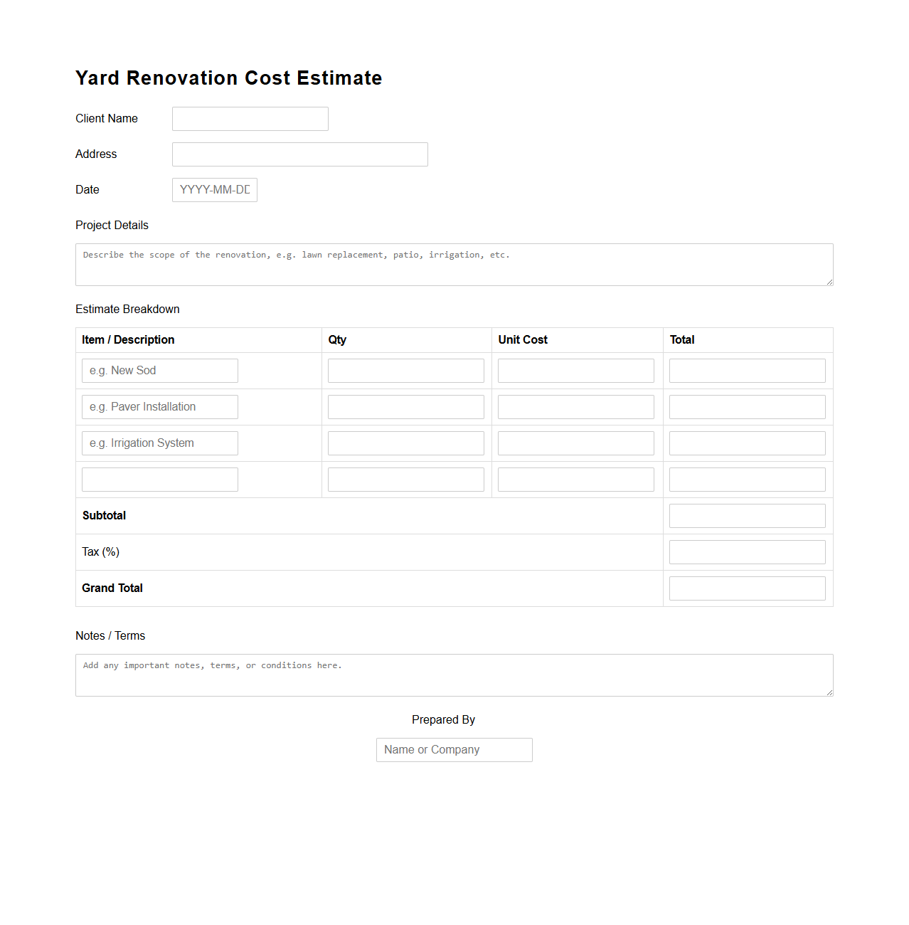 Yard Renovation Cost Estimate Form