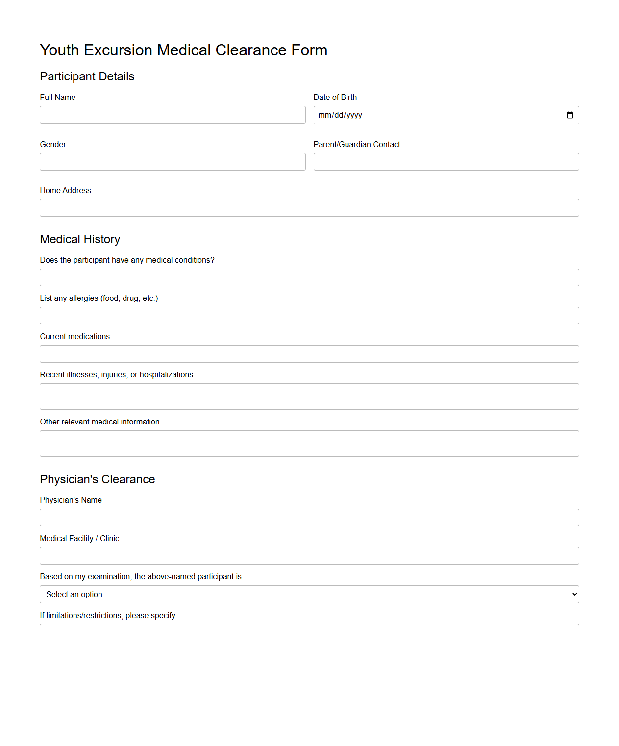 Youth Excursion Medical Clearance Form