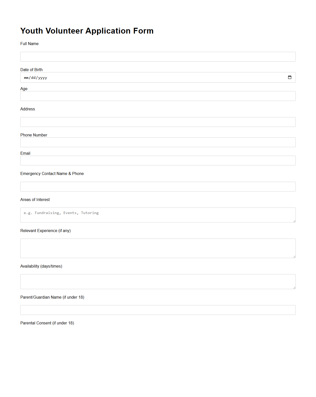 Youth Volunteer Application Form for Charities