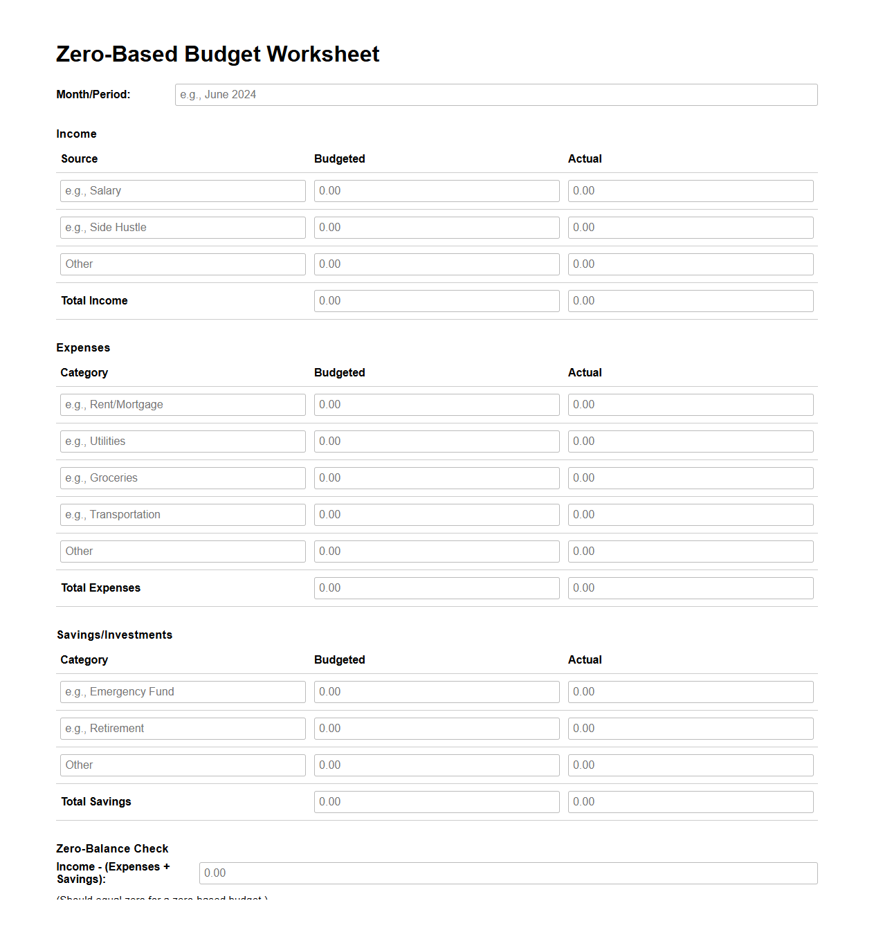 Zero-Based Budget Worksheet for Personal Savings