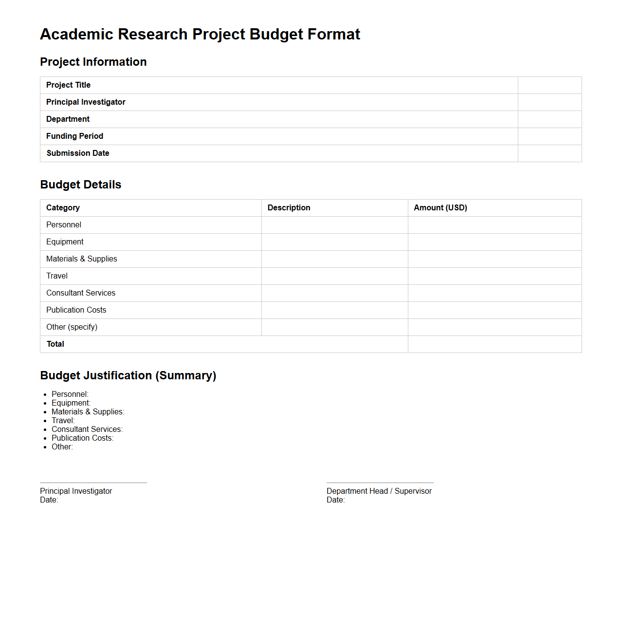 Academic Research Project Budget Format