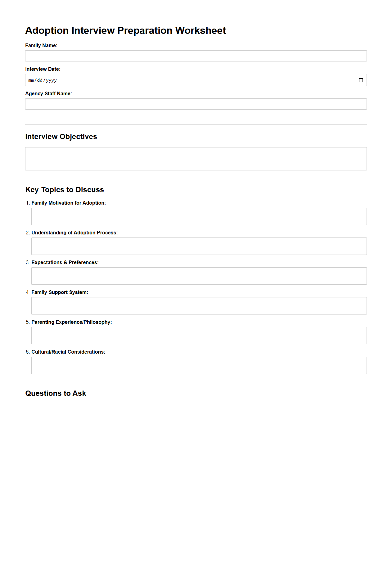 Adoption Interview Preparation Worksheet for Agencies