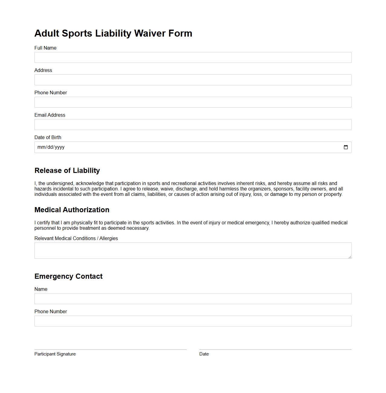 Adult Sports Liability Waiver Form