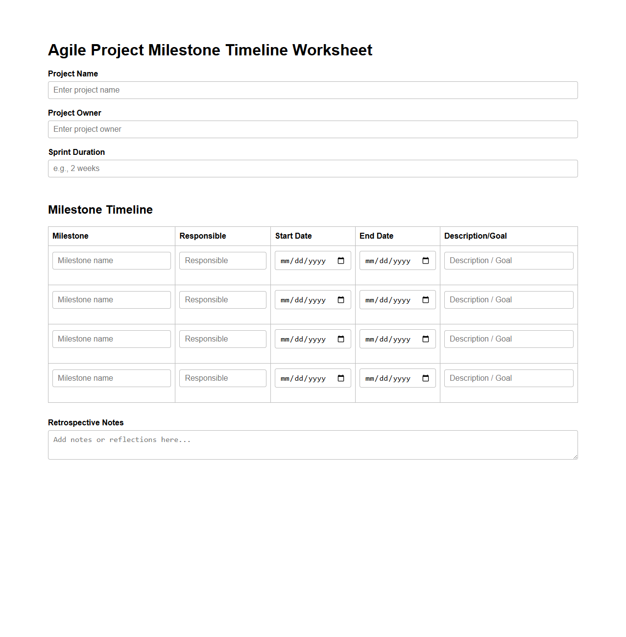 Agile Project Milestone Blank Timeline Worksheet