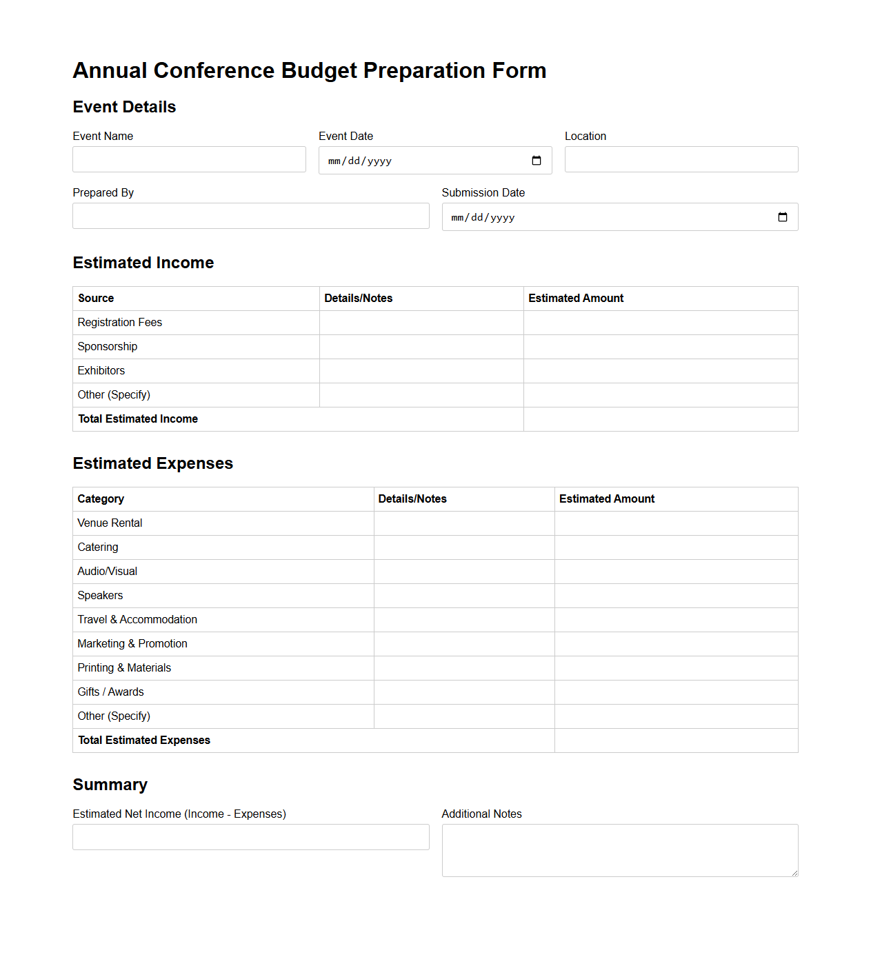 Annual Conference Budget Preparation Form for Events