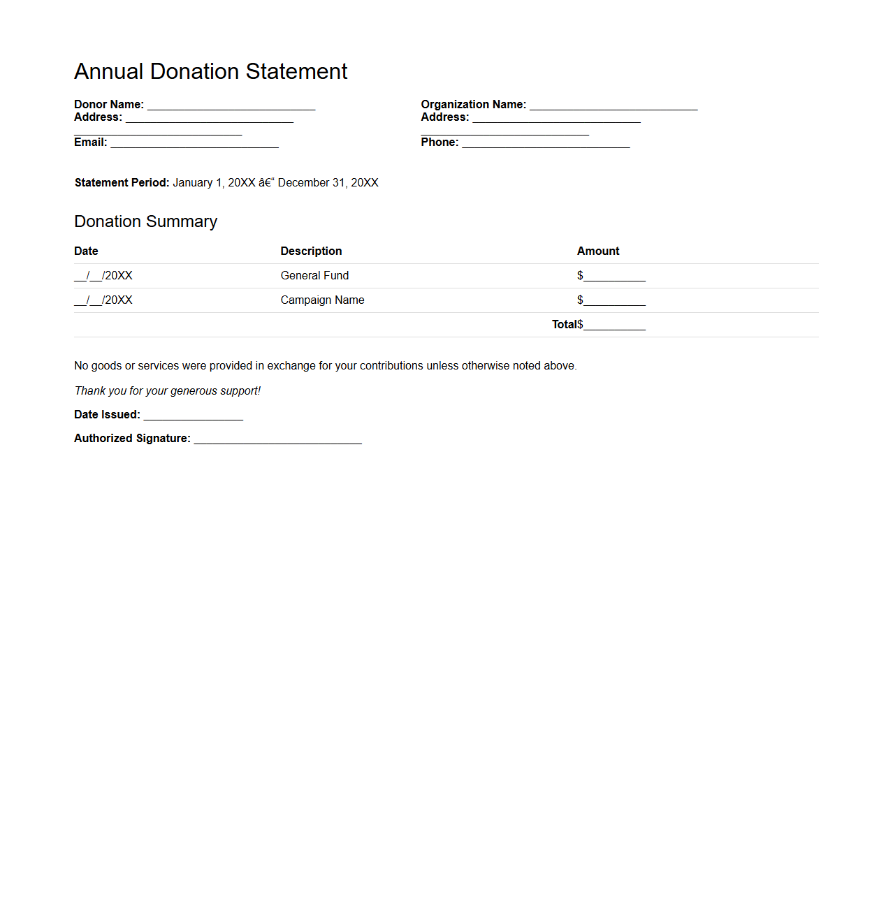 Annual Donation Statement Example