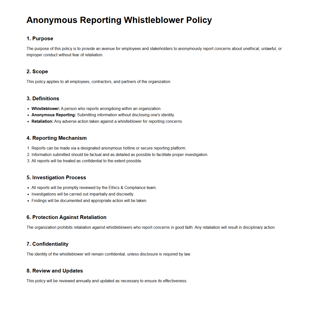 Anonymous Reporting Whistleblower Policy Structure