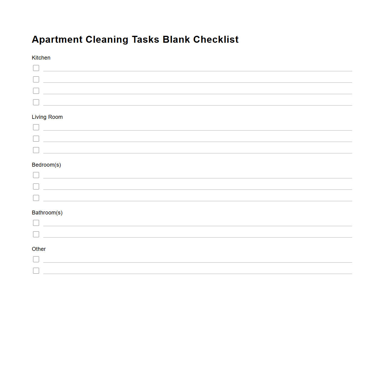 Apartment Cleaning Tasks Blank Checklist