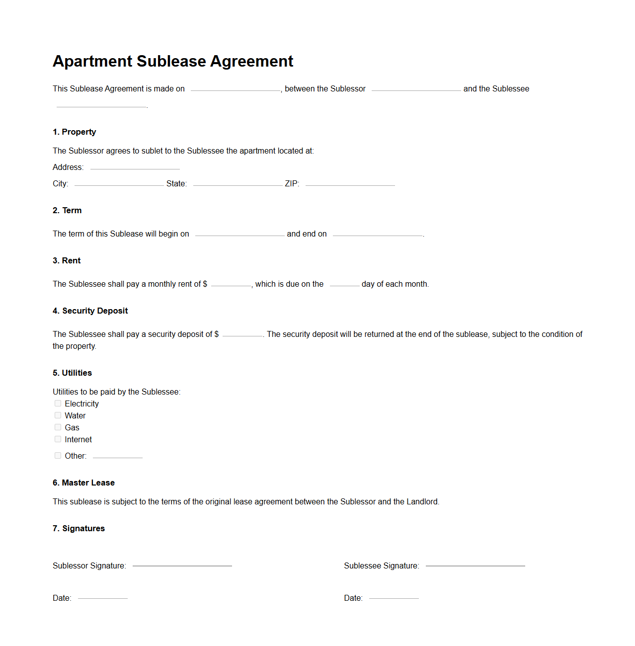 Apartment Sublease Agreement Blank Sample