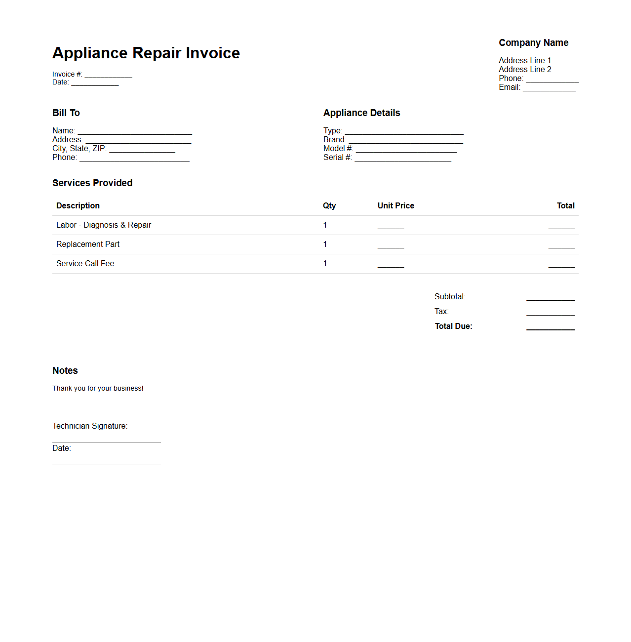 Appliance Repair Invoice Sample