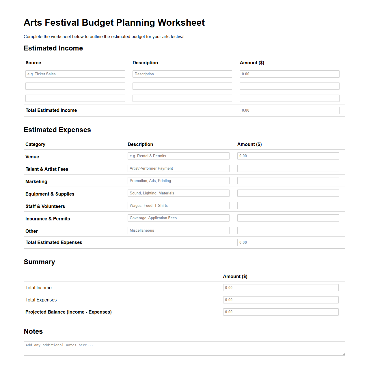 Arts Festival Budget Planning Worksheet