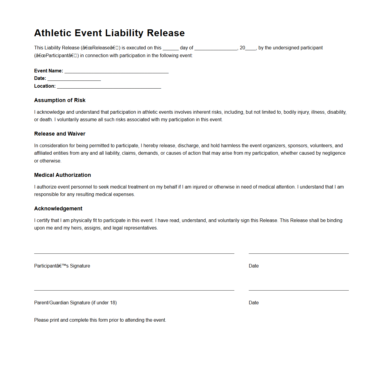 Athletic Event Liability Release Template