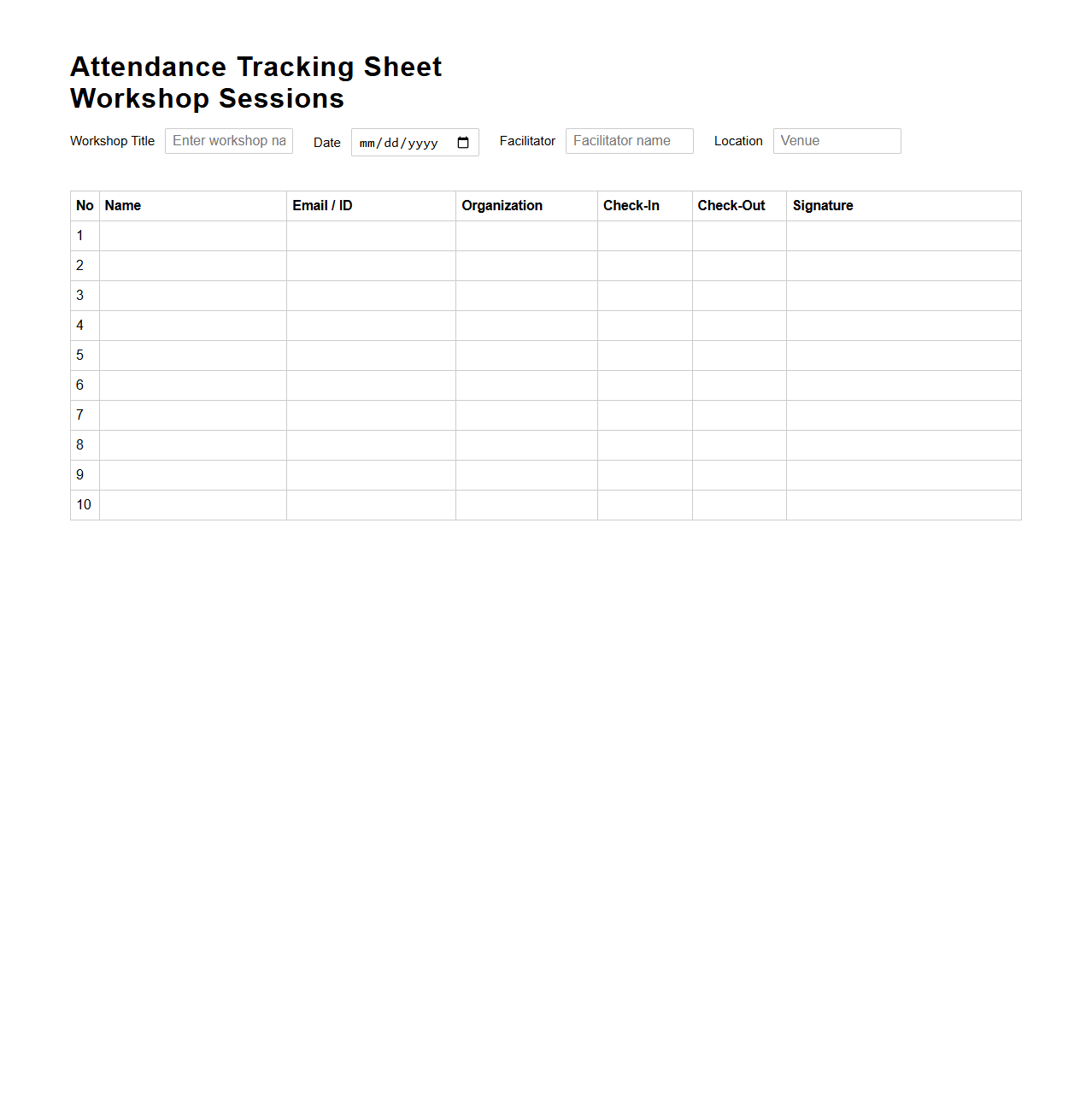 Attendance Tracking Sheet for Workshop Sessions