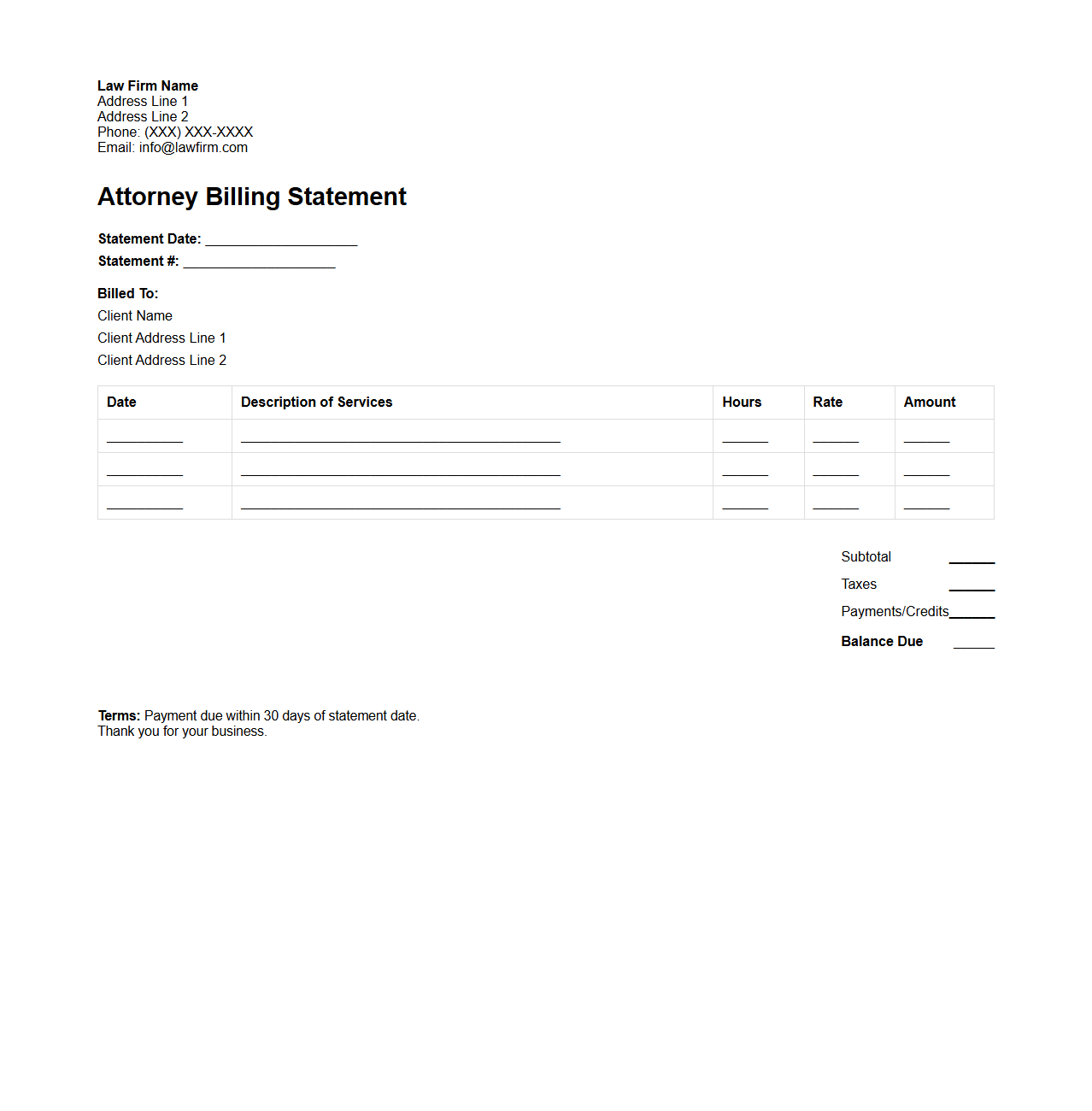 Attorney Billing Statement Template
