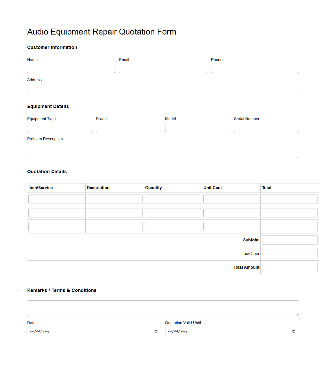 Audio Equipment Repair Quotation Form