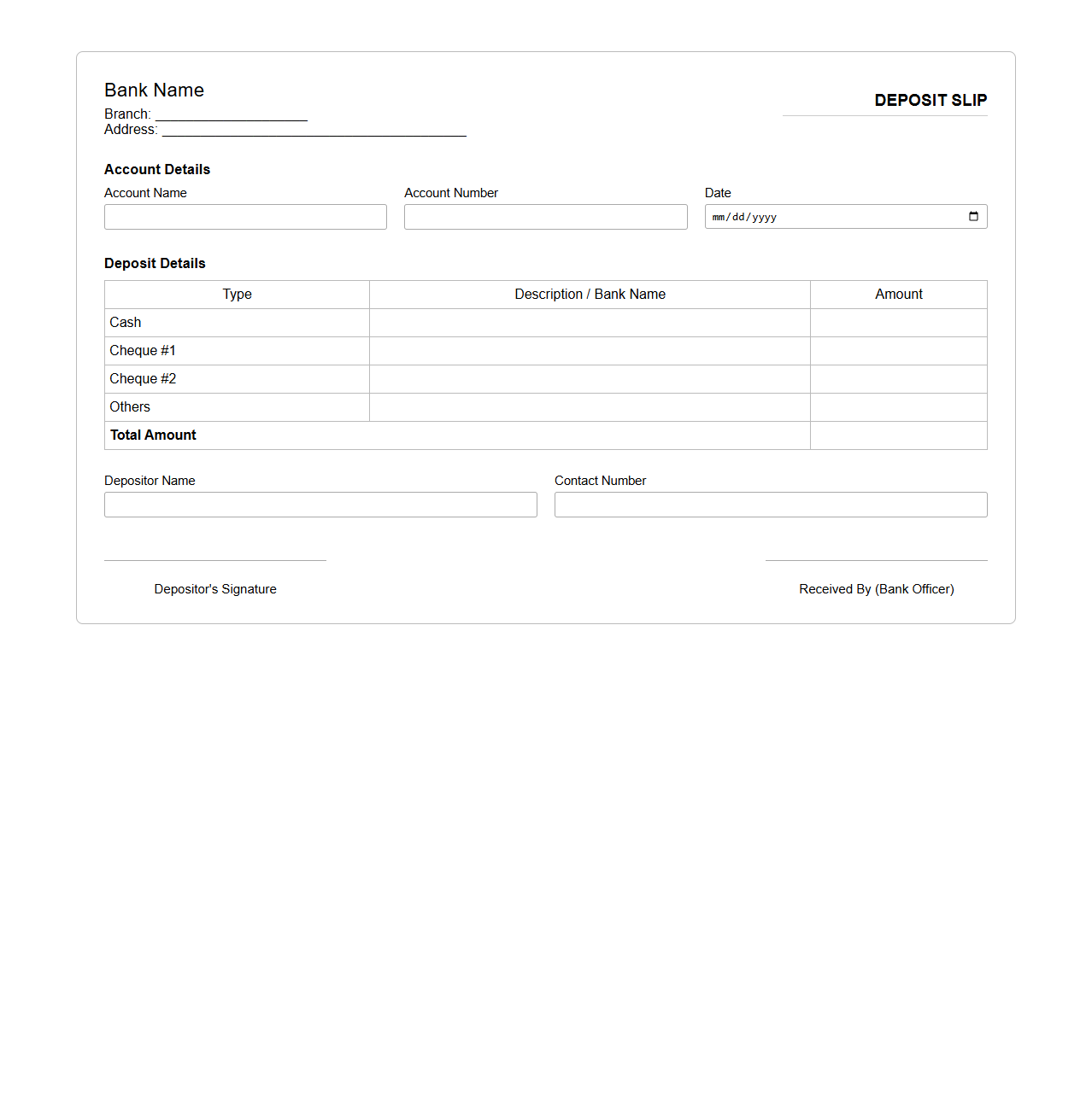 Bank Deposit Slip Template