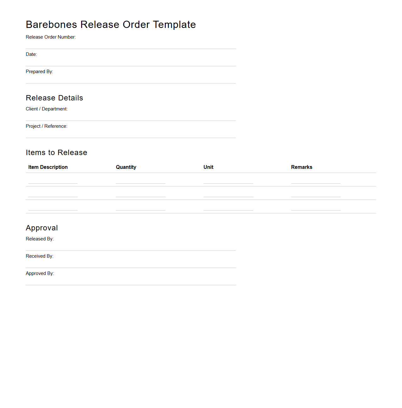 Barebones Release Order Template for Operations