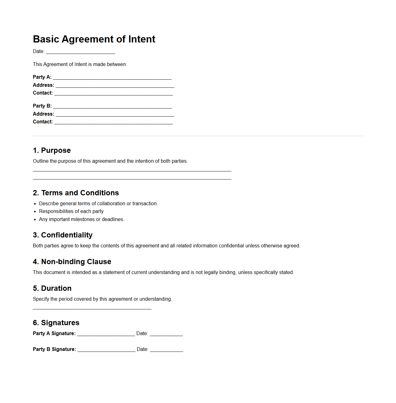 Basic Agreement Intent Template Outline