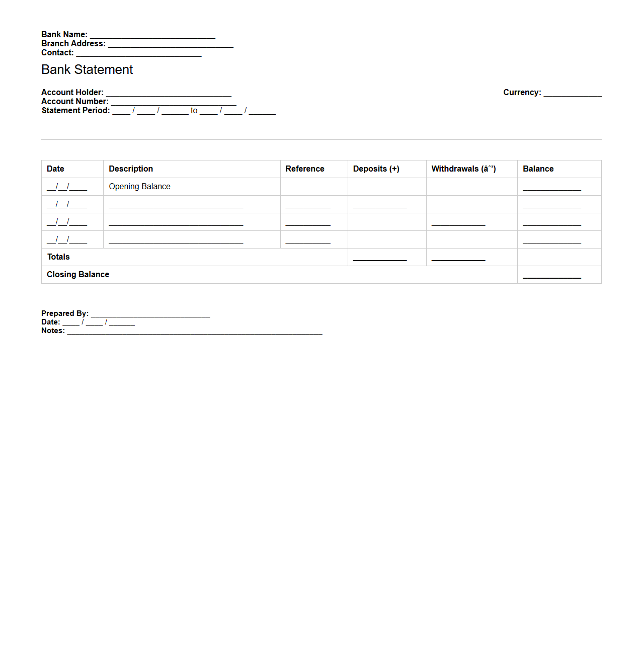 Basic Bank Statement Layout for Audit Preparation