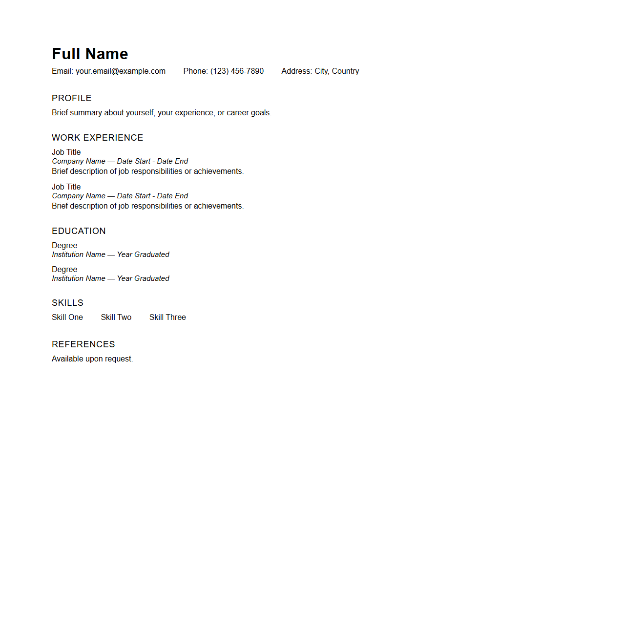 Basic Blank CV Template for Employment