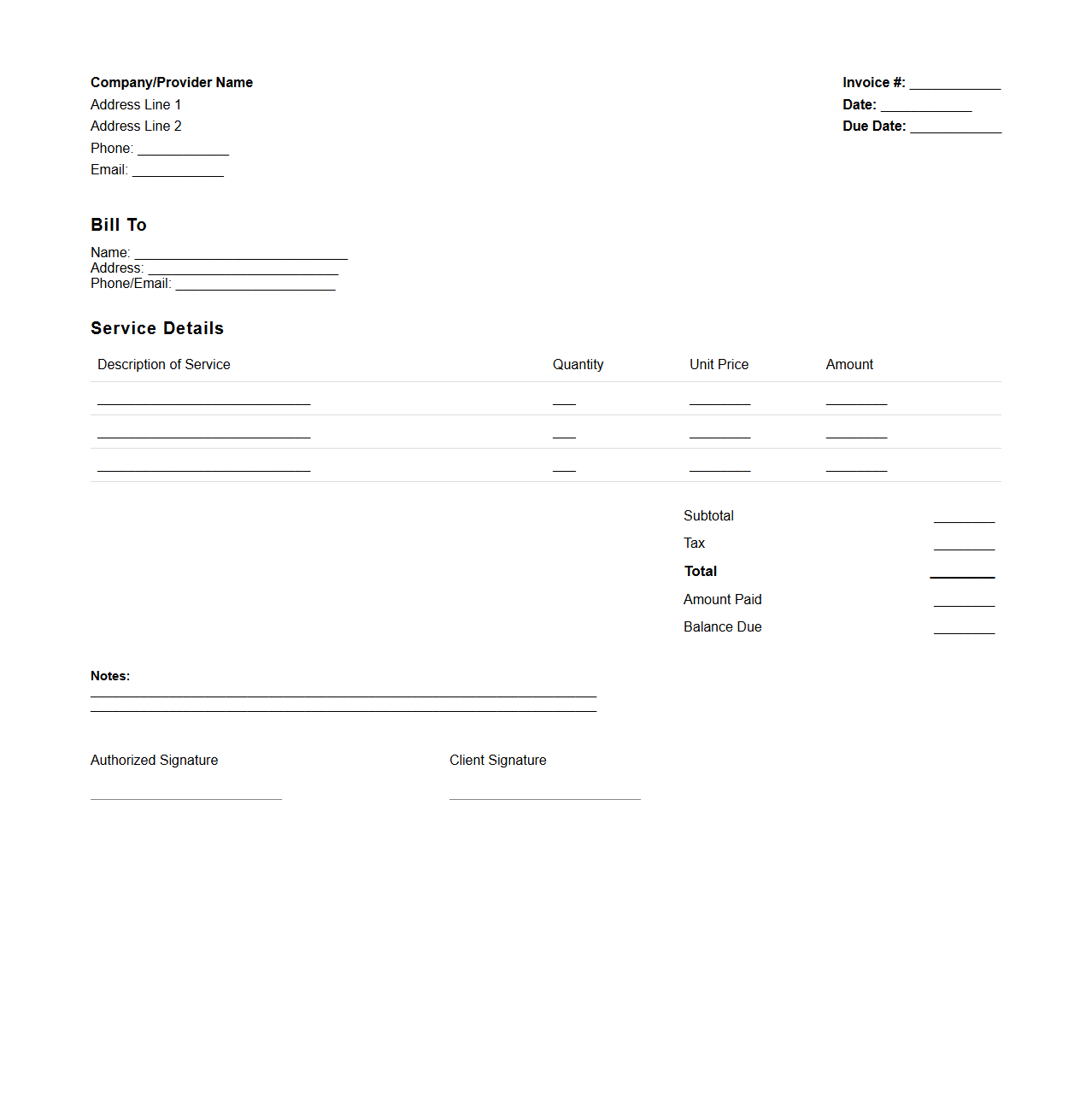 Basic Blank Invoice Receipt for Service Transactions