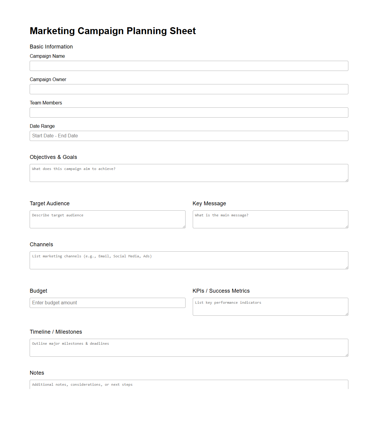 Basic Blank Marketing Campaign Planning Sheet