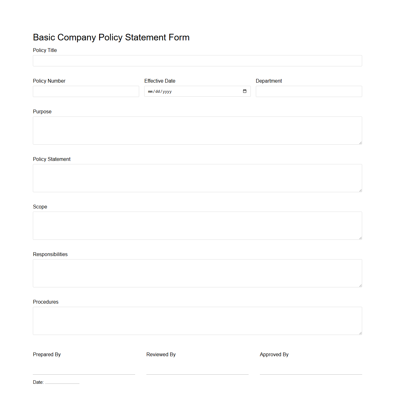 Basic Company Policy Statement Form