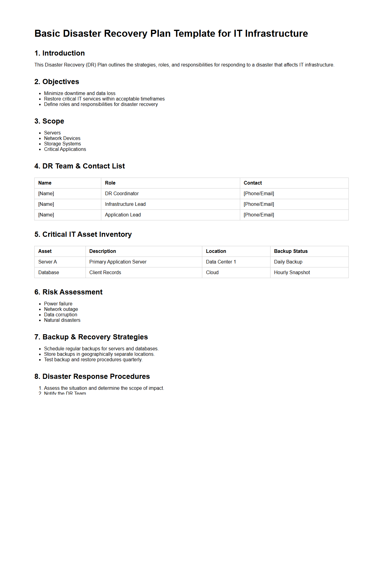Basic Disaster Recovery Plan Template for IT Infrastructure