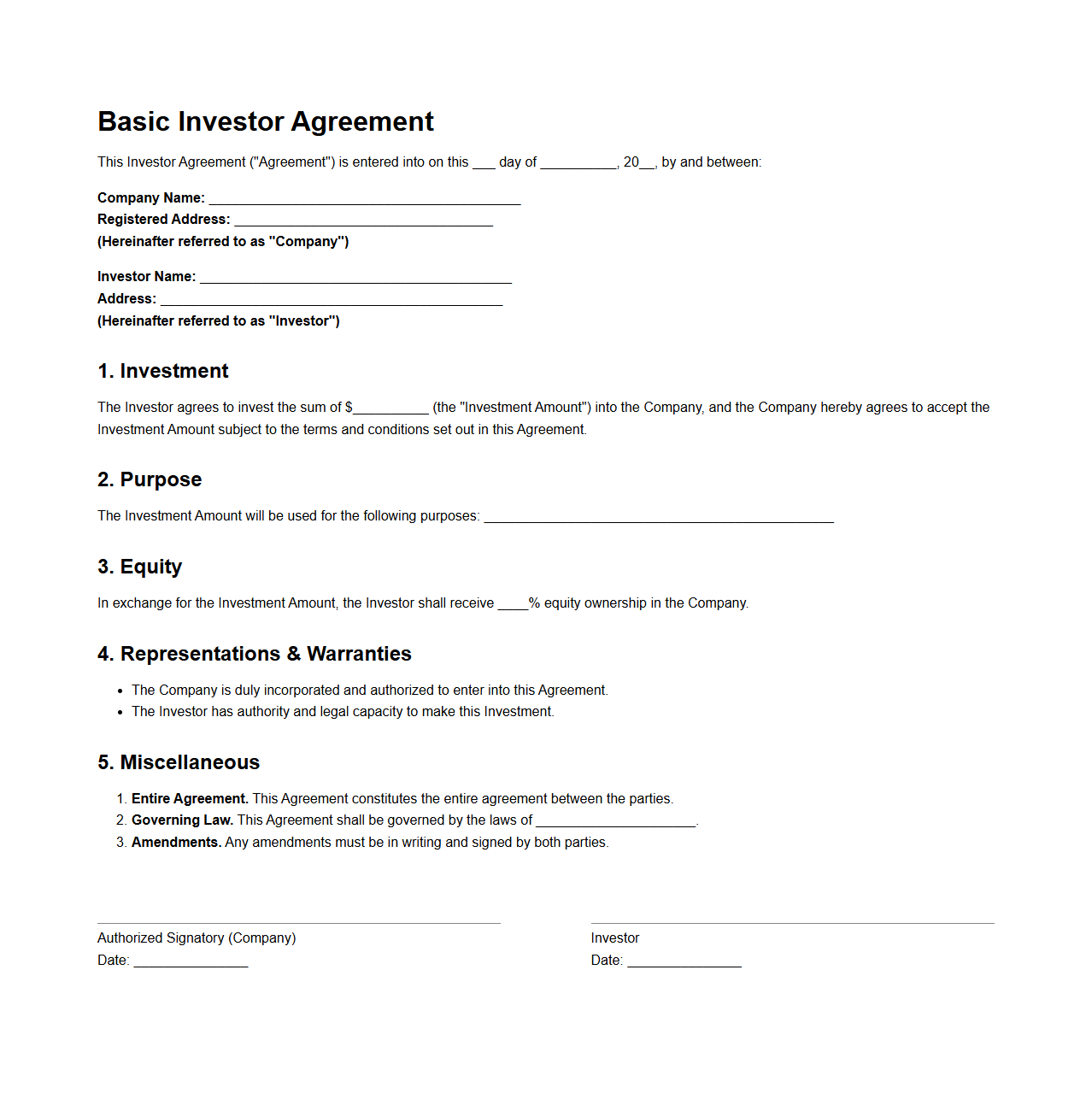 Basic Investor Agreement Sample