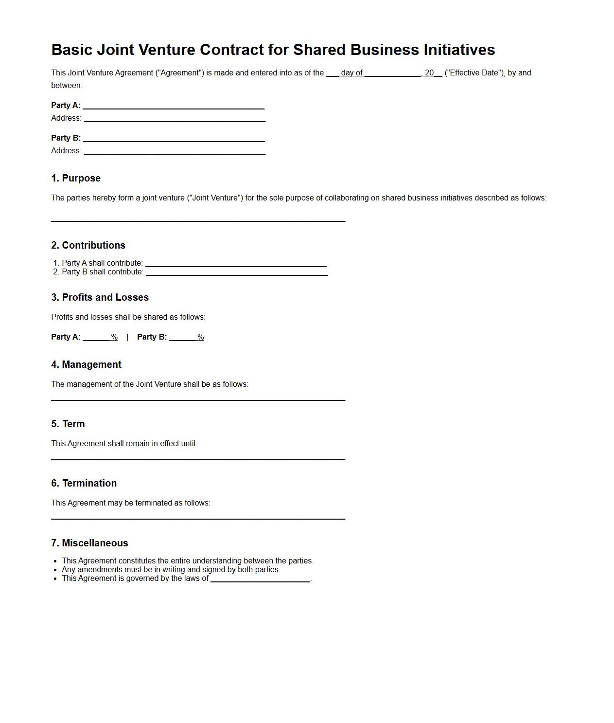 Basic Joint Venture Contract for Shared Business Initiatives