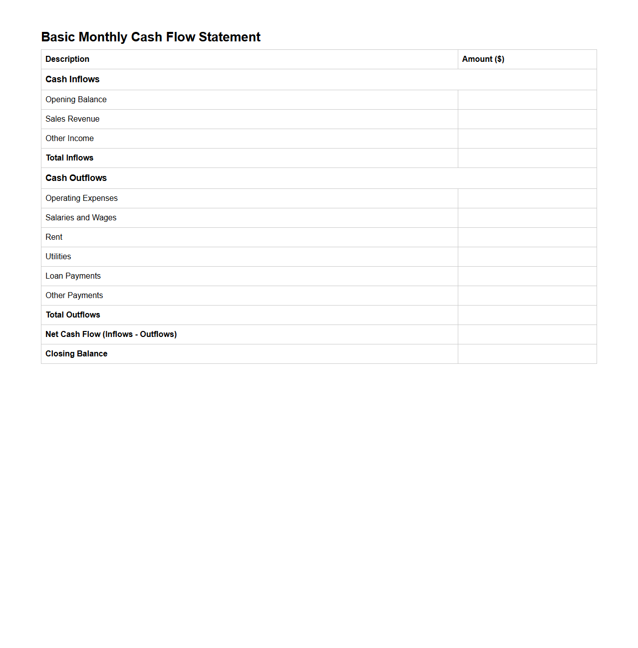 Basic Monthly Cash Flow Statement Template