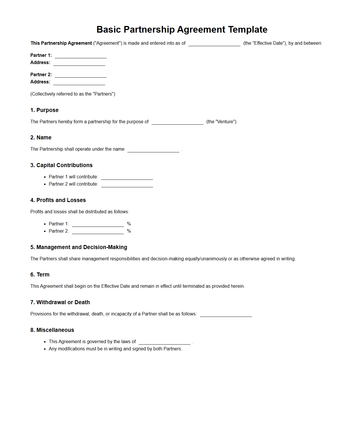 Basic Partnership Agreement Template for New Joint Ventures