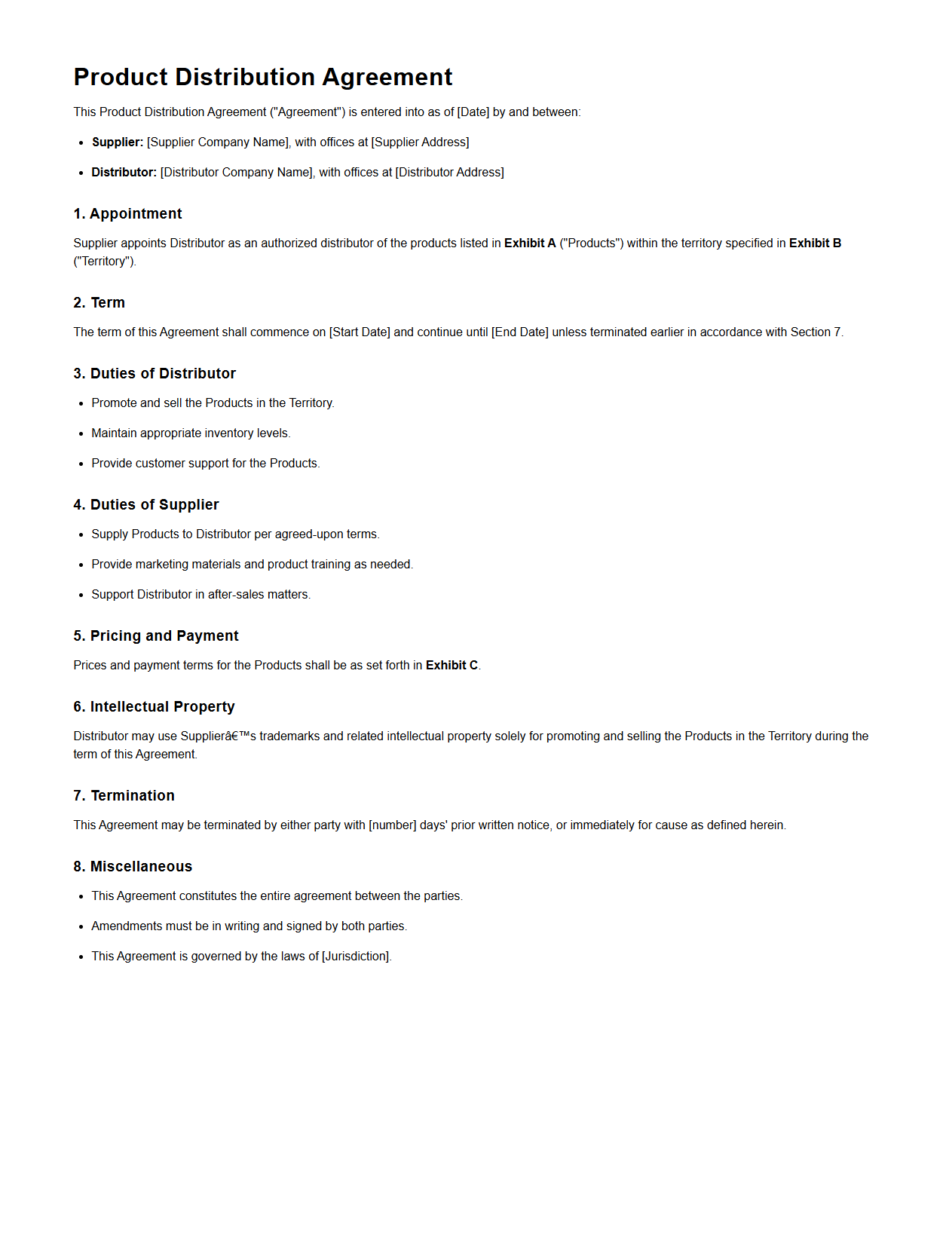 Basic Product Distribution Agreement Skeleton
