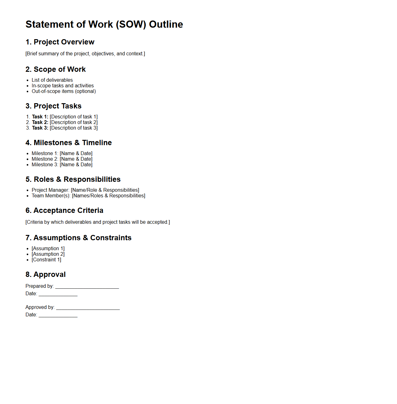 Basic SOW Outline for Project Tasks