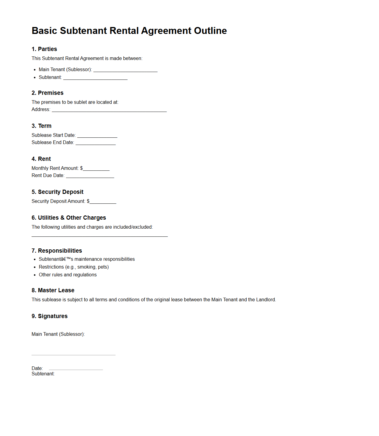 Basic Subtenant Rental Agreement Outline