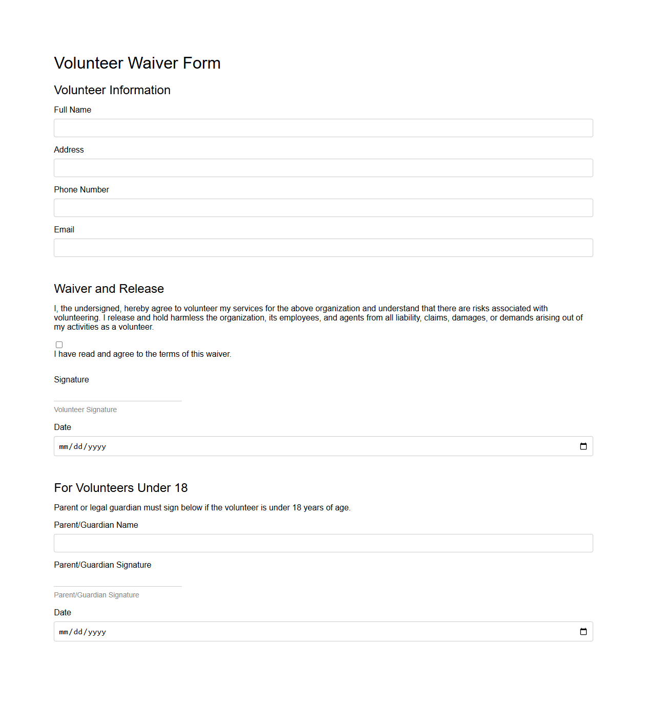 Basic Volunteer Waiver Form Template