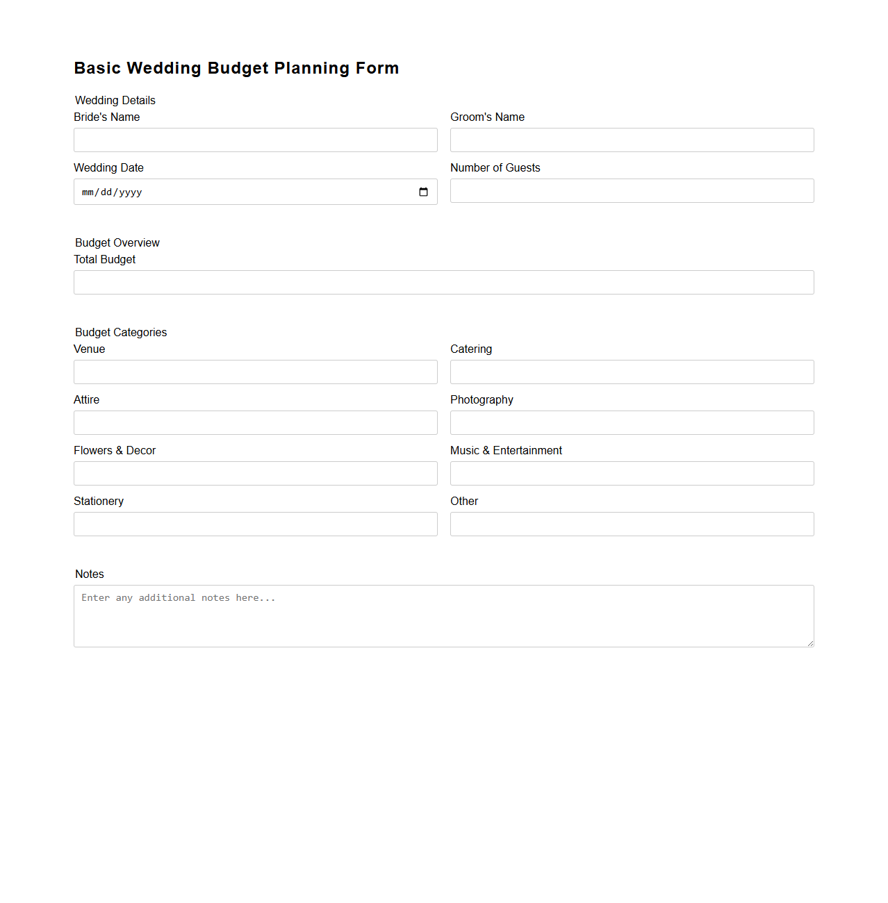 Basic Wedding Budget Planning Form