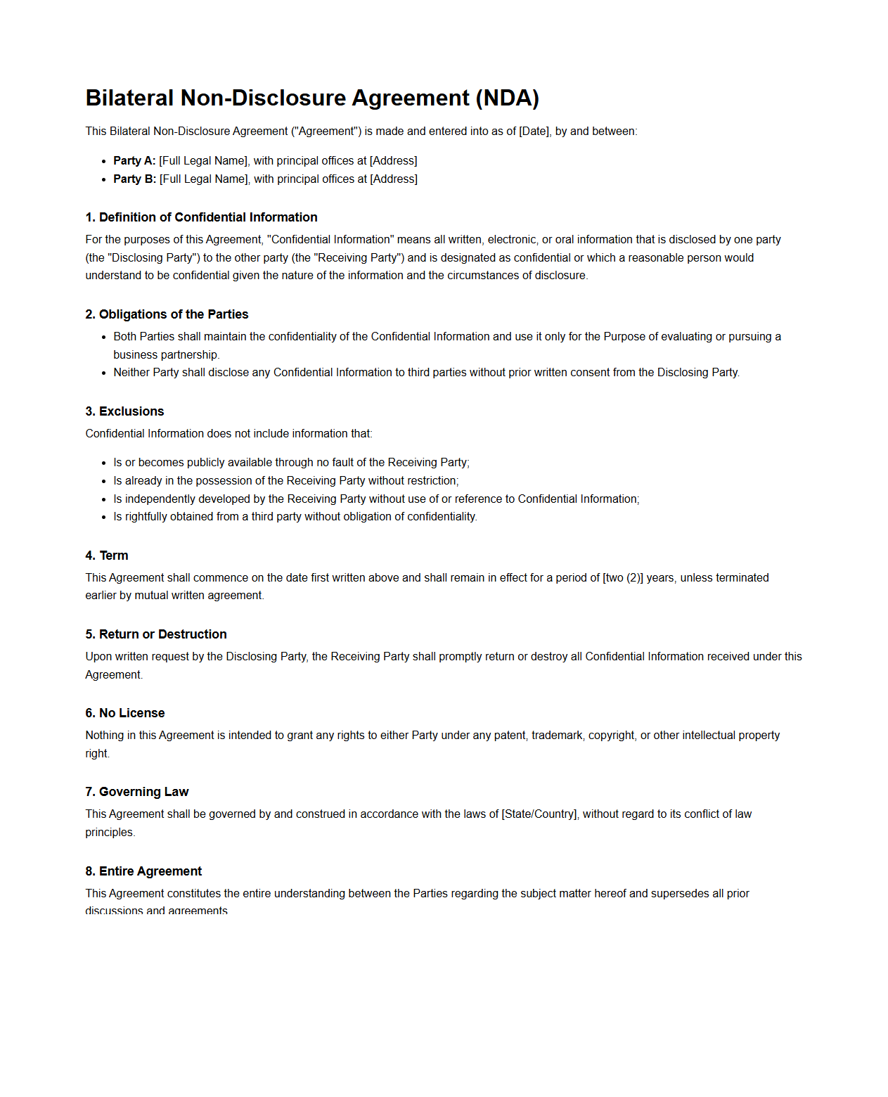 Bilateral Non-Disclosure Agreement for Partnerships
