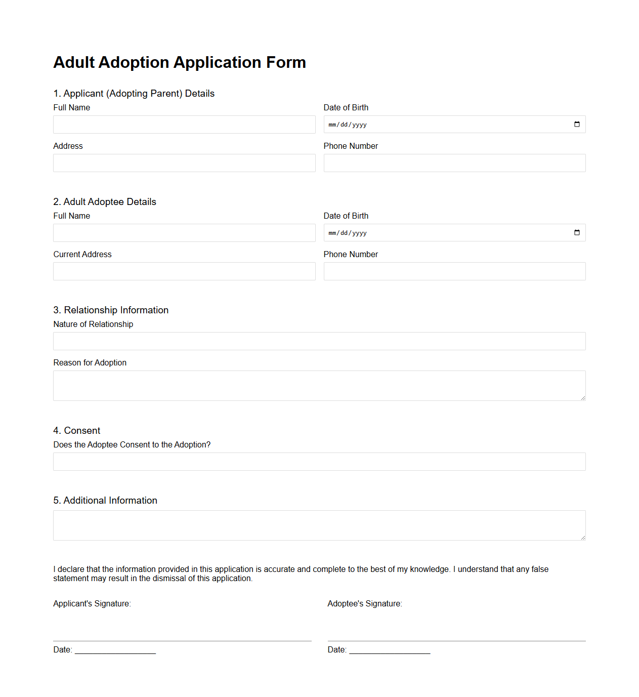 Blank Adult Adoption Application Form for Legal Procedures