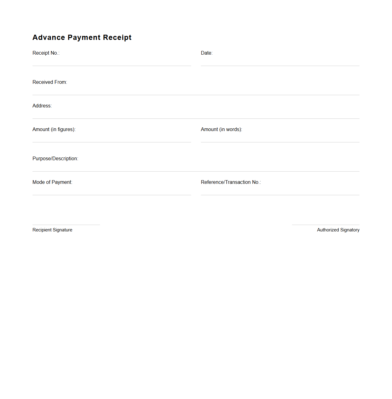 Blank Advance Payment Receipt Template