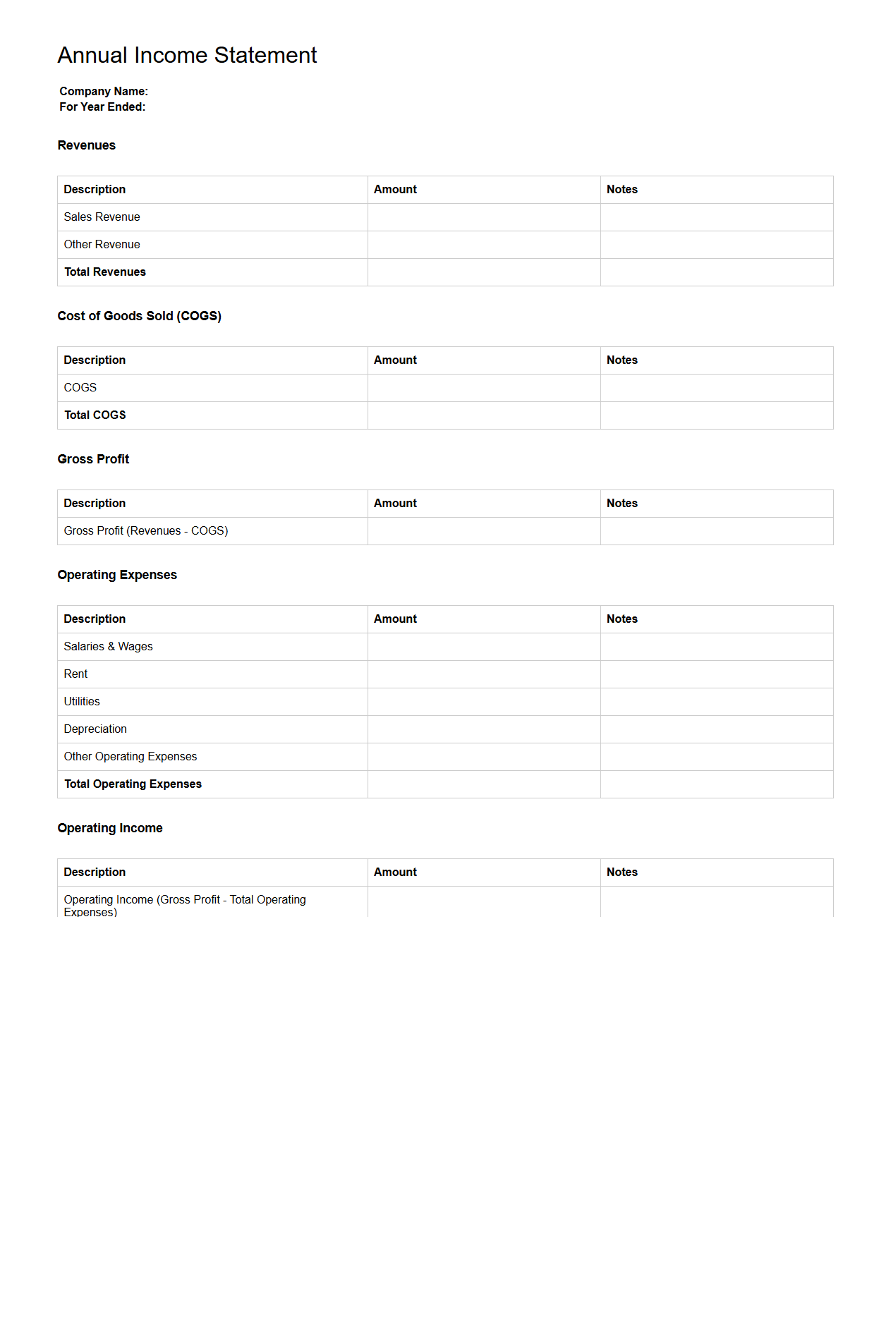 Blank Annual Income Statement Template