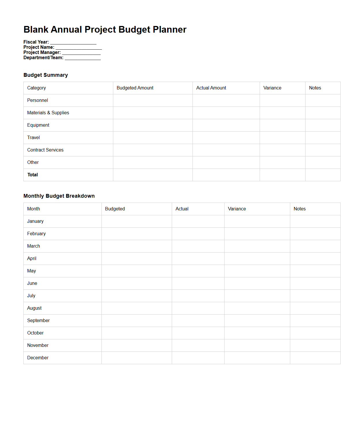 Blank Annual Project Budget Planner for Fiscal Planning