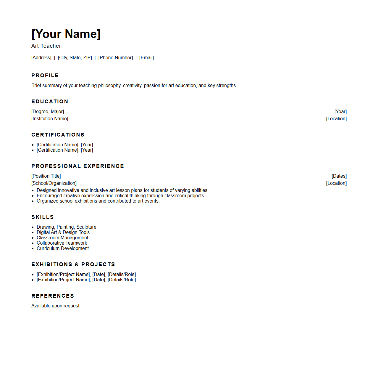 Blank Art Teacher Resume Template for Creative Educational Roles