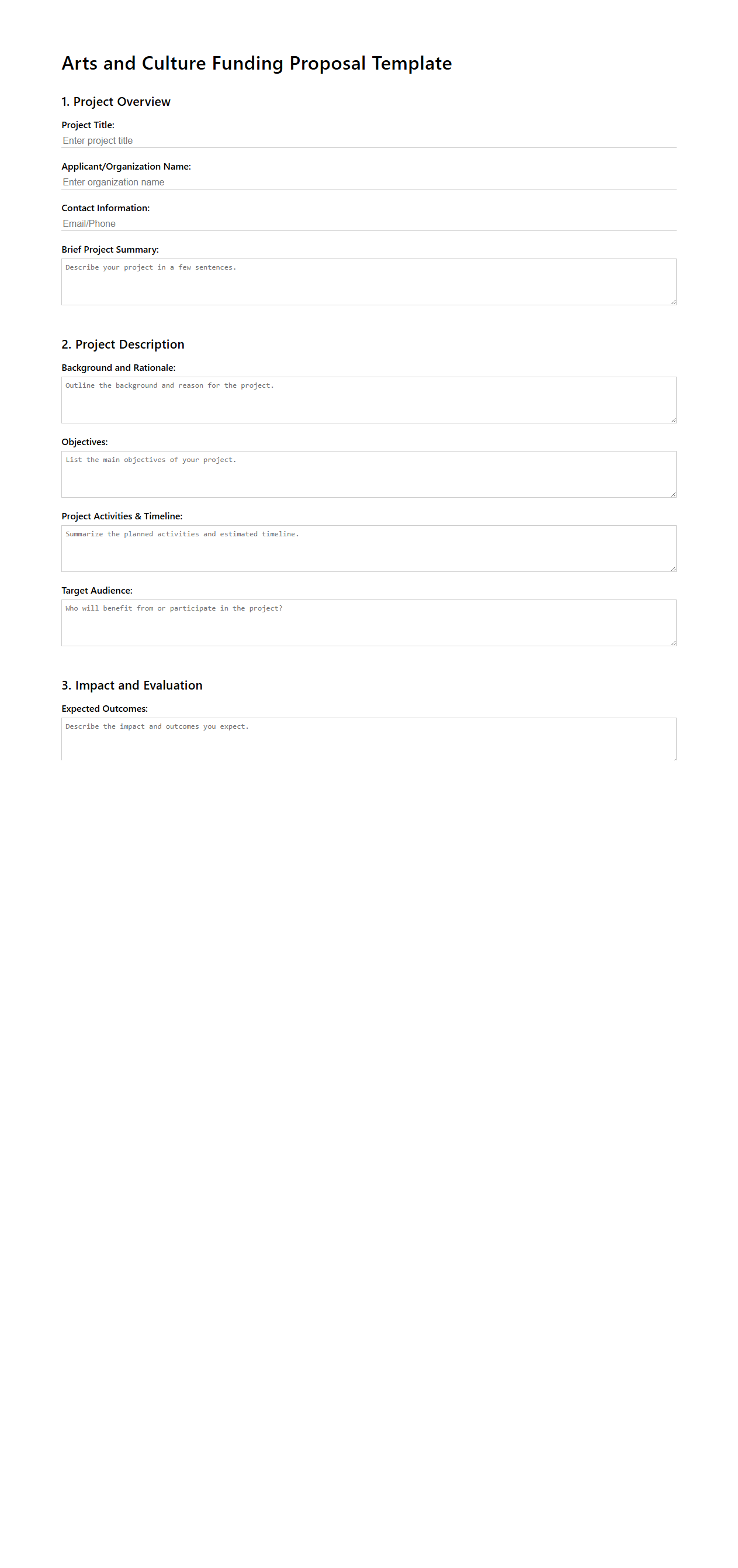Blank Arts and Culture Funding Proposal Template