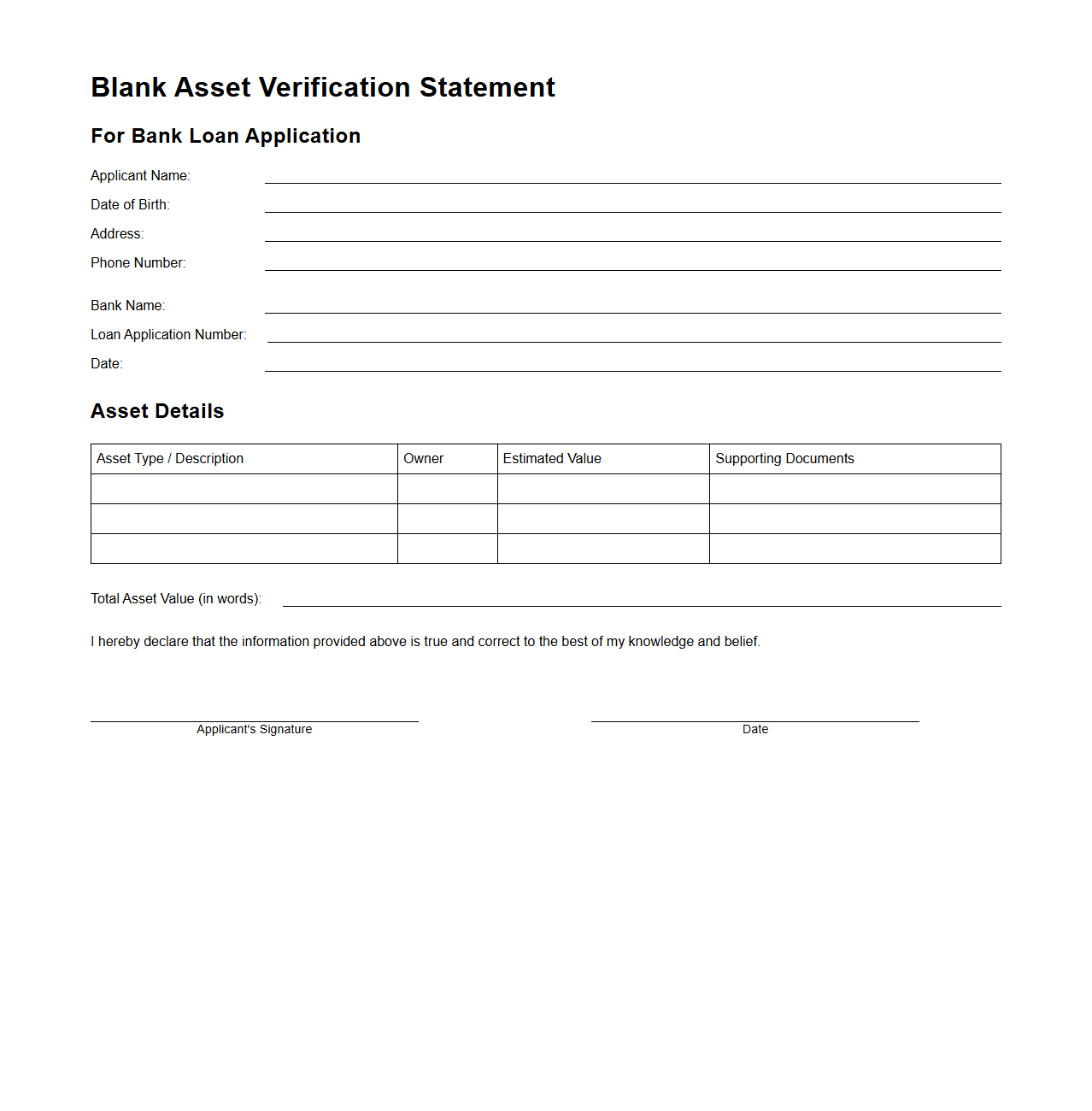 Blank Asset Verification Statement for Bank Loan Application