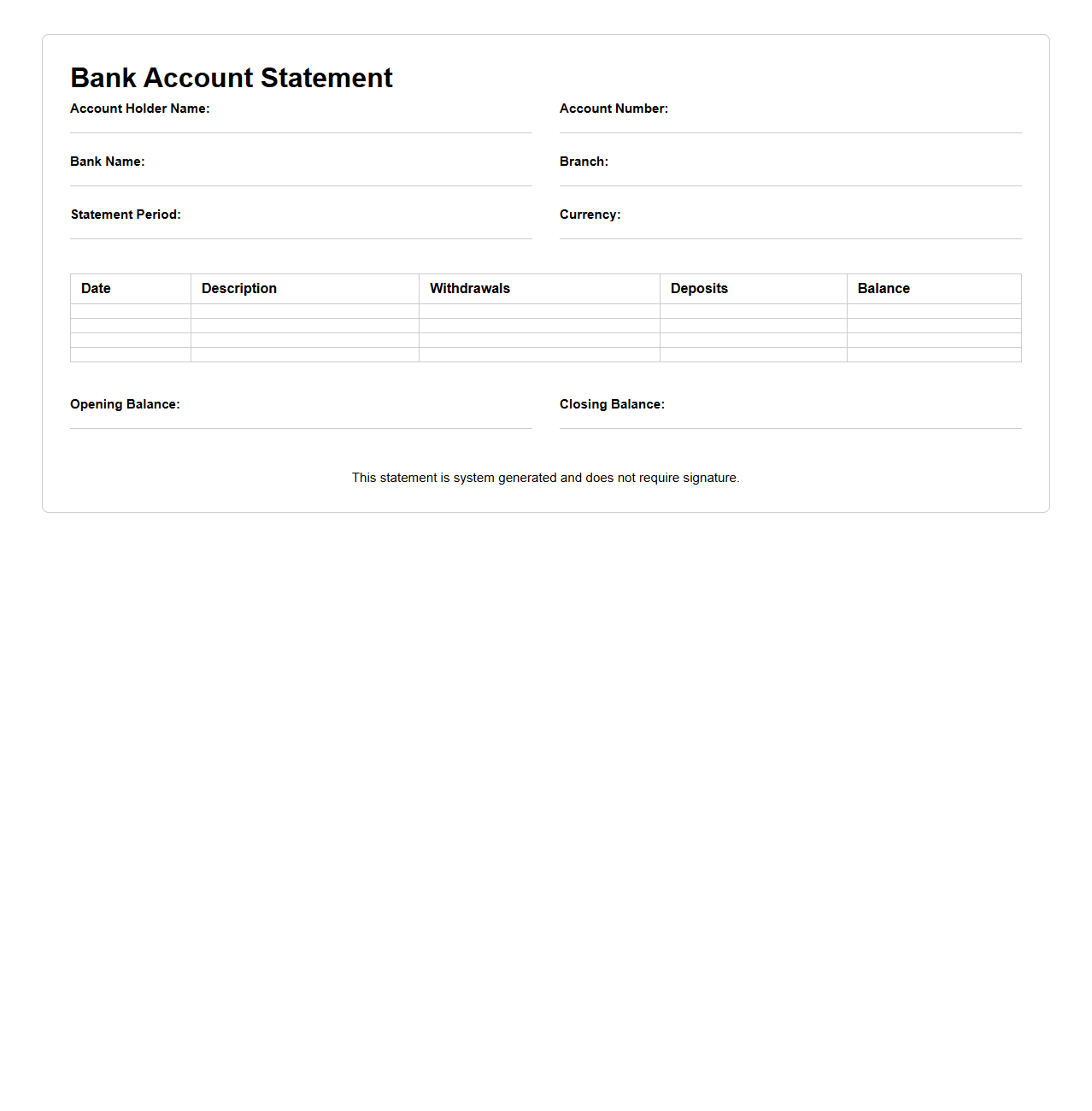 Blank Bank Account Statement Template